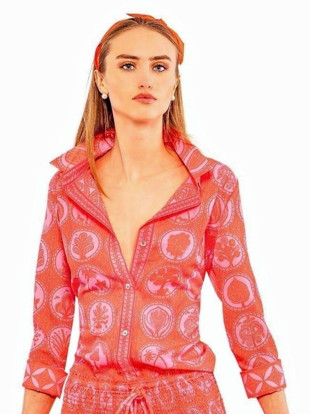 Gretchen Scott Boyfriend Shirt - Circle of Love Orange & Pink Large NWT